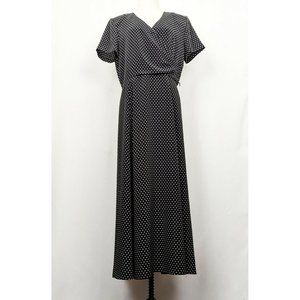 Vintage 80s Dress Black White Polka Dots Surplice Bodice Misses Size 12